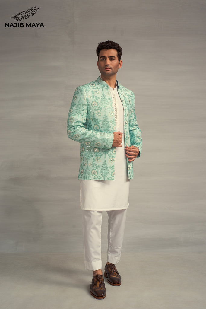 Powder Green Embroidery Prince Coat + White Kurta Pajama For Men's