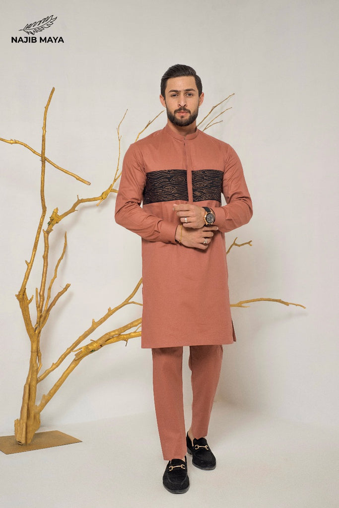 Peach Front Embroidery Kurta Pajama For Men's