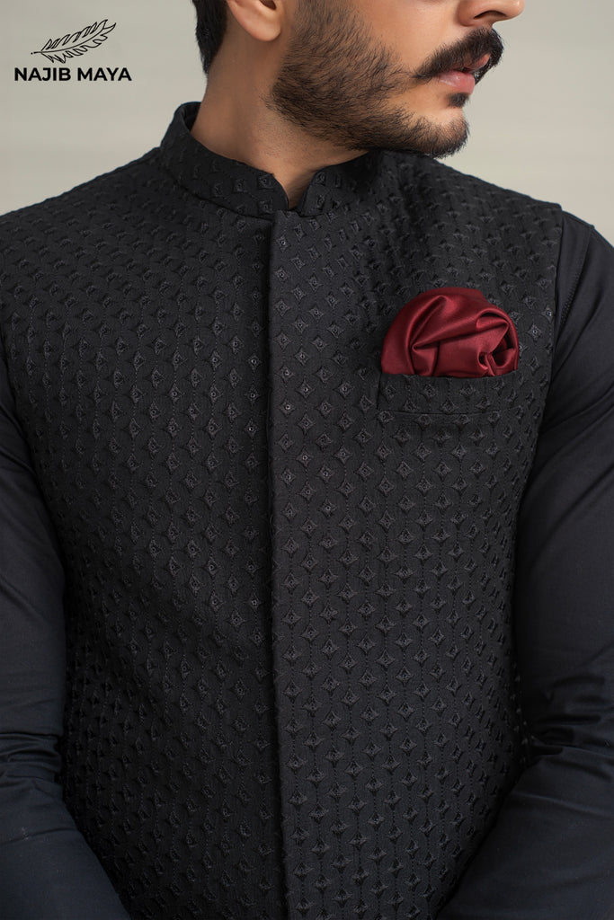 Black Embroidery Waistcoat + Black Kurta Pajama For Men's