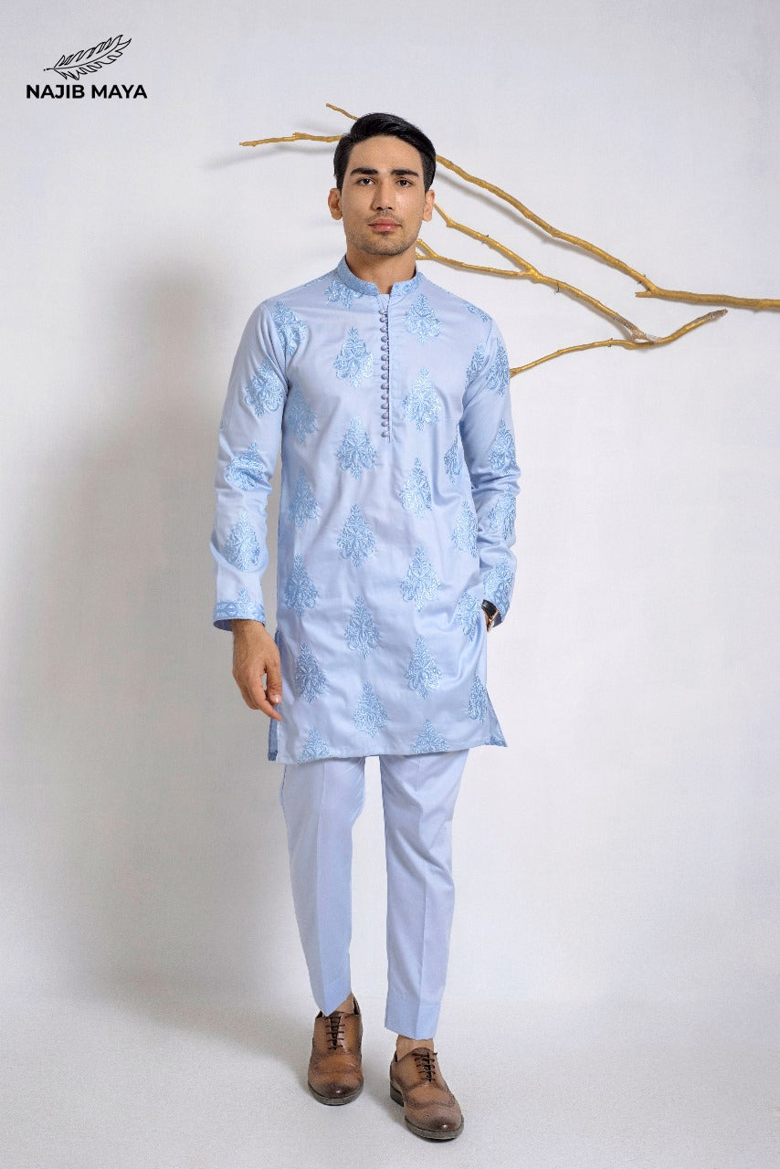 Ice Blue Fully Embroidery  Kurta Pajama For Men's Main image