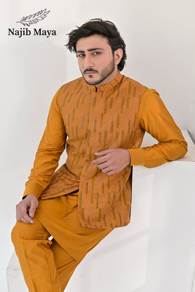 Mustard Embroidery Waist Coat & Mustard Kurta Pajama For Men's