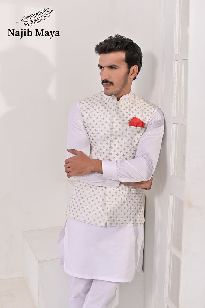 White Embroidery Waist Coat & White Kurta Pajama For Men's