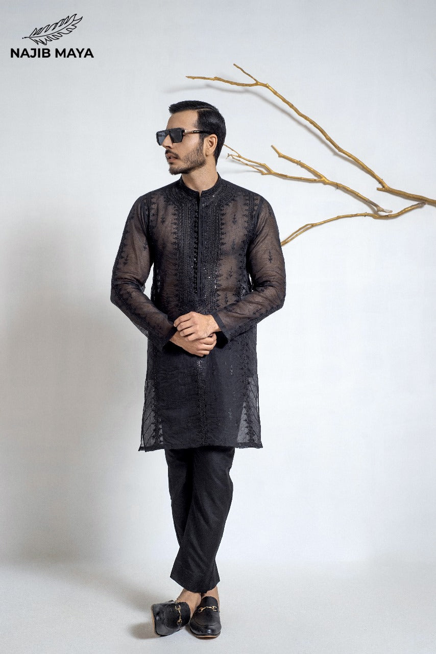 Black Stylish Embroidery Kurta Pajama For Men's