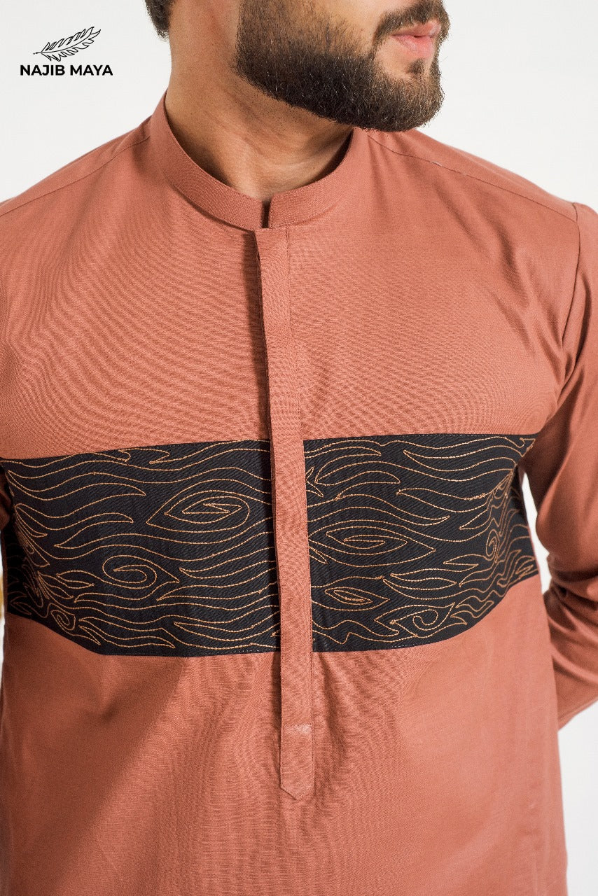 Peach Front Embroidery Kurta Pajama For Men's Secondary image