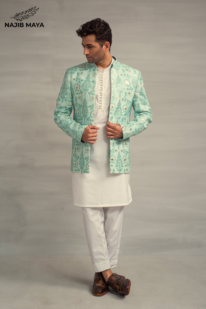 Powder Green Embroidery Prince Coat + White Kurta Pajama For Men's