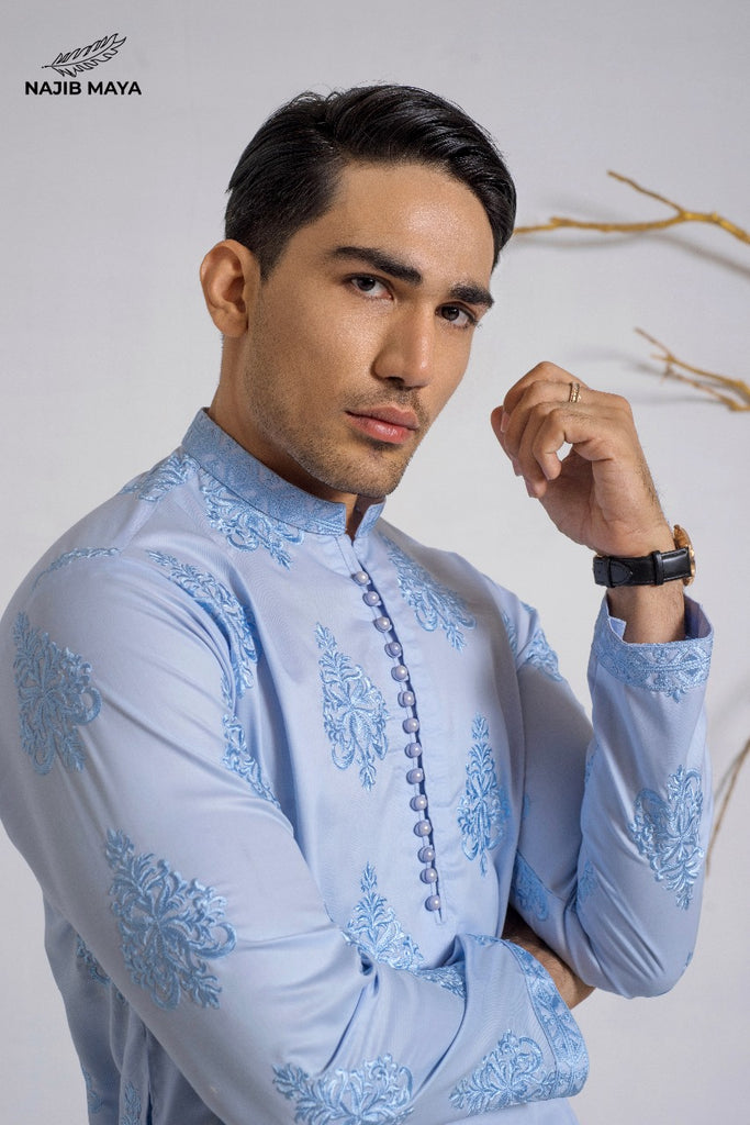 Ice Blue Fully Embroidery  Kurta Pajama For Men's