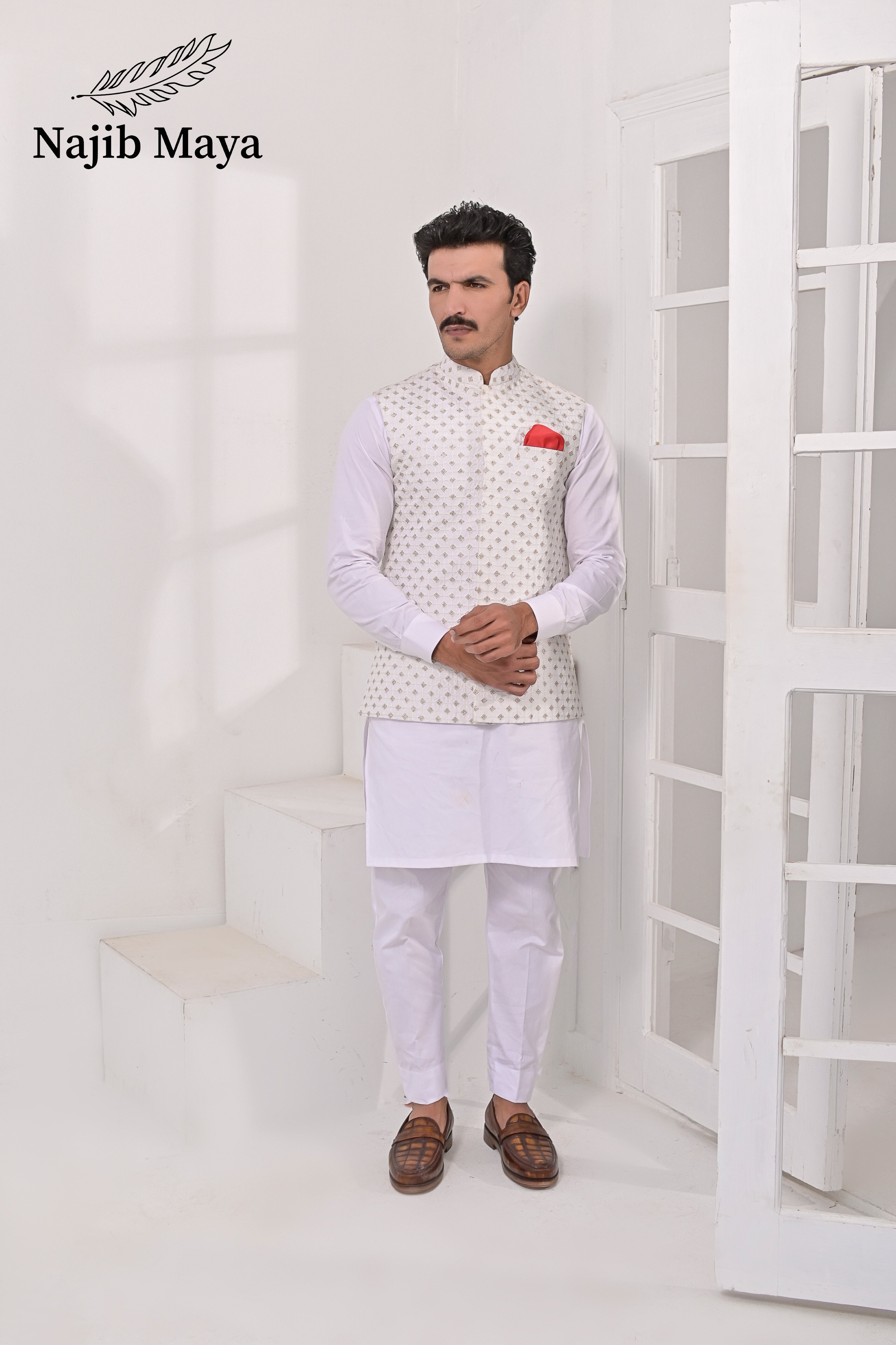 White Embroidery Waist Coat & White Kurta Pajama For Men's Main image