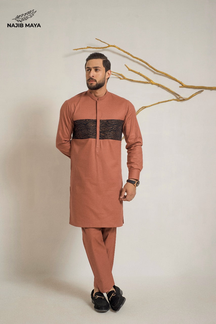 Peach Front Embroidery Kurta Pajama For Men's Main image