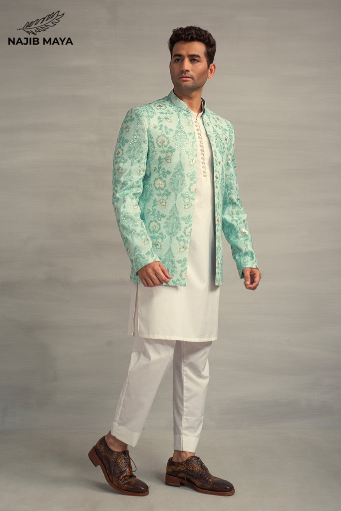 Powder Green Embroidery Prince Coat + White Kurta Pajama For Men's