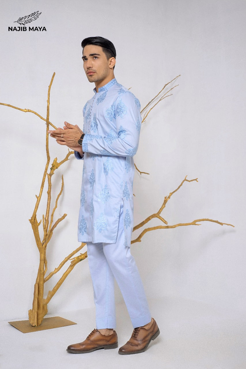 Ice Blue Fully Embroidery  Kurta Pajama For Men's