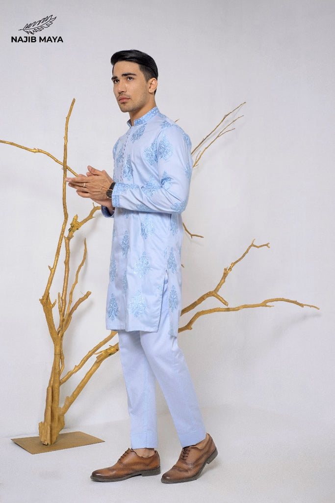 Ice Blue Fully Embroidery  Kurta Pajama For Men's