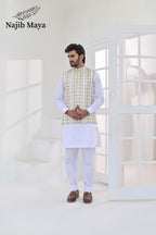 White Golden Embroidery Waist Coat & White Kurta Pajama For Men's