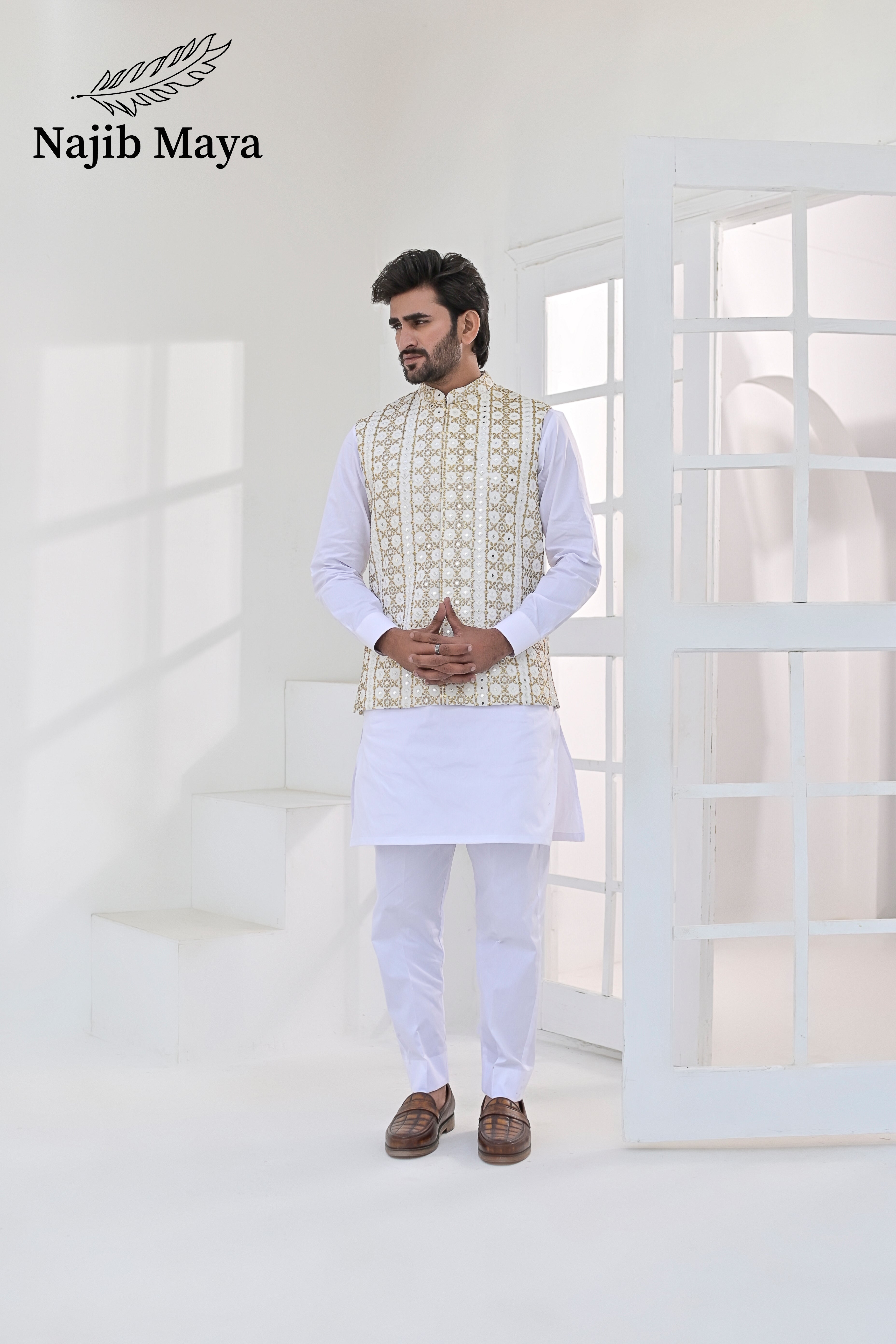 White Golden Embroidery Waist Coat & White Kurta Pajama For Men's