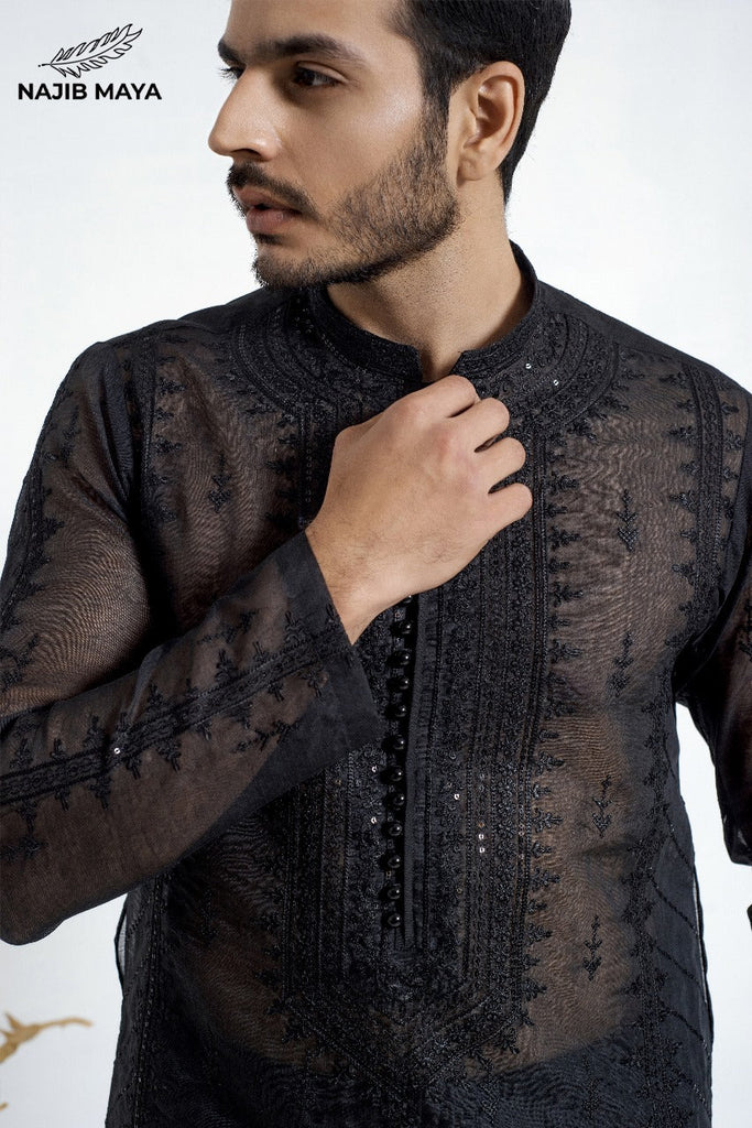 Black Stylish Embroidery Kurta Pajama For Men's