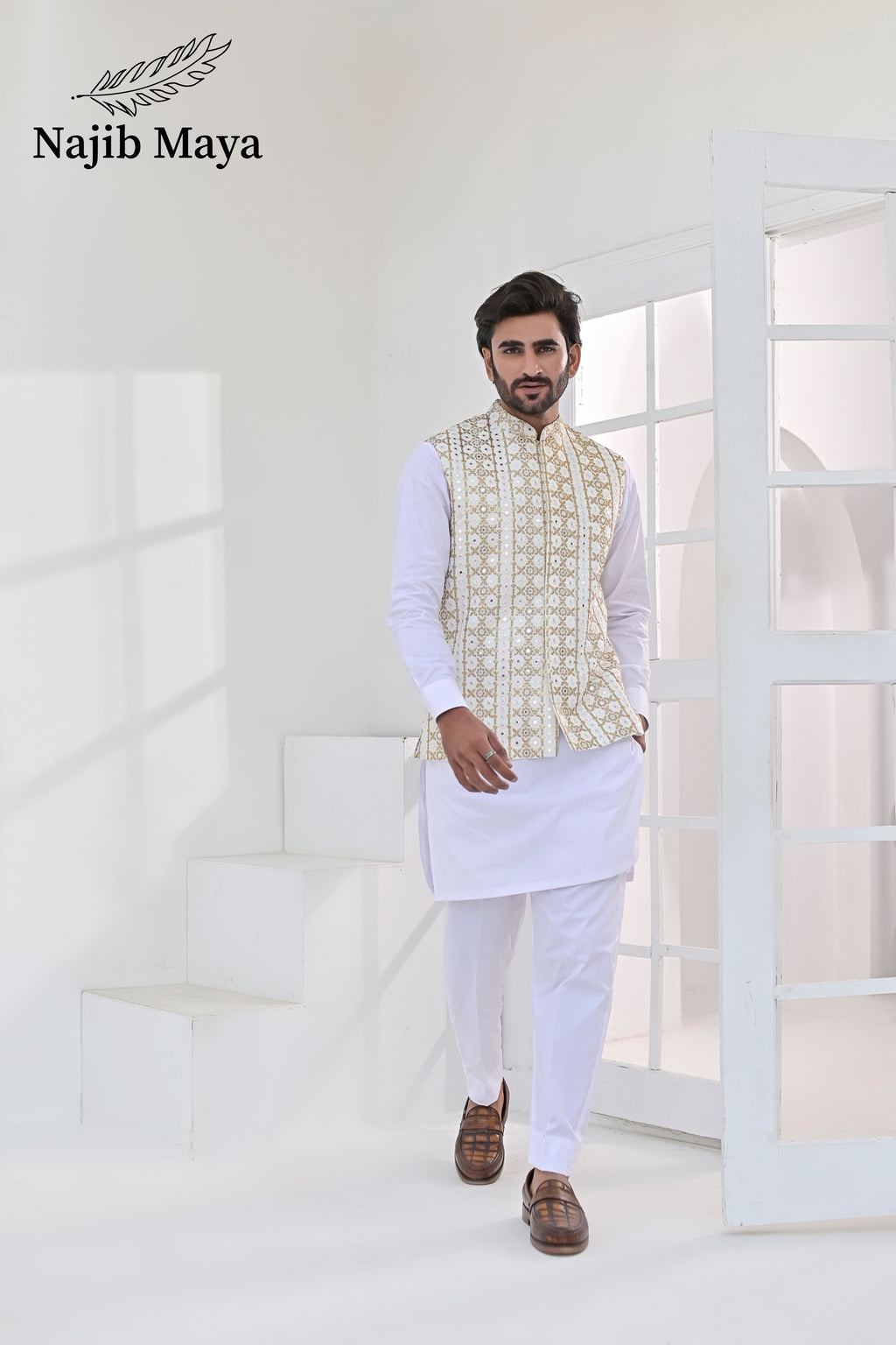 White Golden Embroidery Waist Coat & White Kurta Pajama For Men's