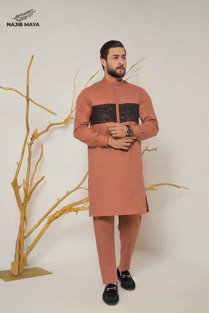 Peach Front Embroidery Kurta Pajama For Men's