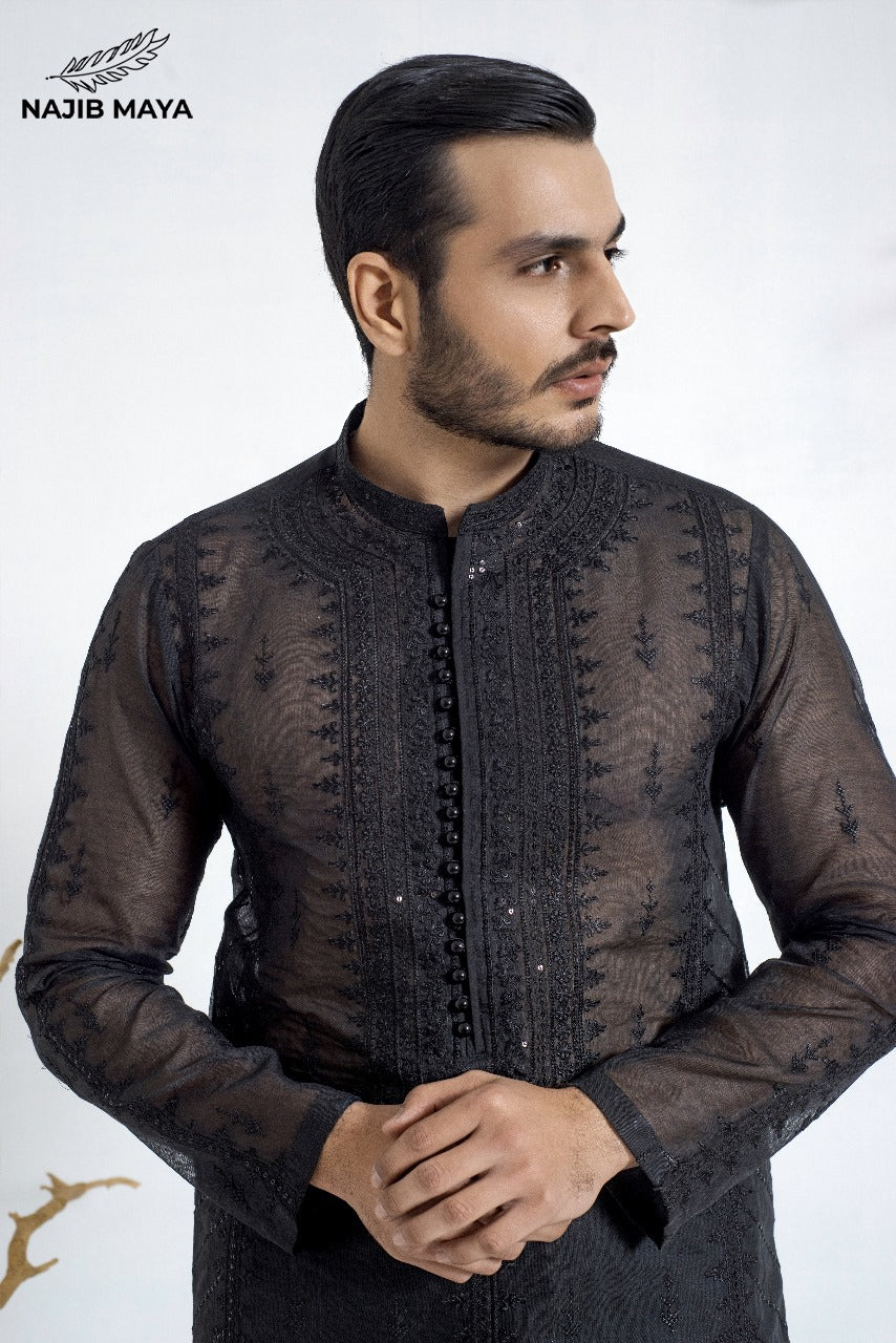Black Stylish Embroidery Kurta Pajama For Men's Secondary image