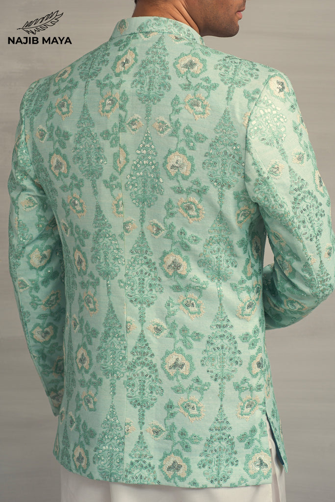 Powder Green Embroidery Prince Coat + White Kurta Pajama For Men's