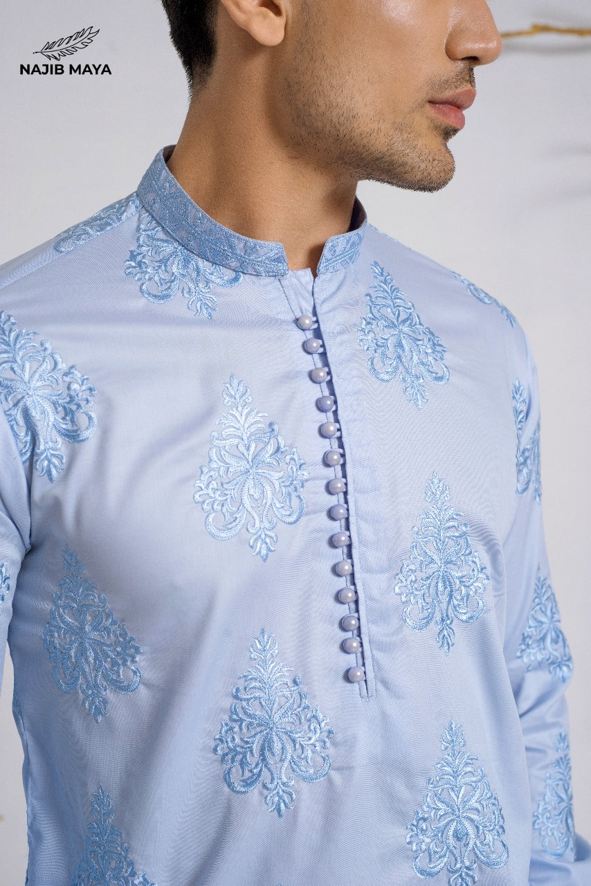Ice Blue Fully Embroidery  Kurta Pajama For Men's