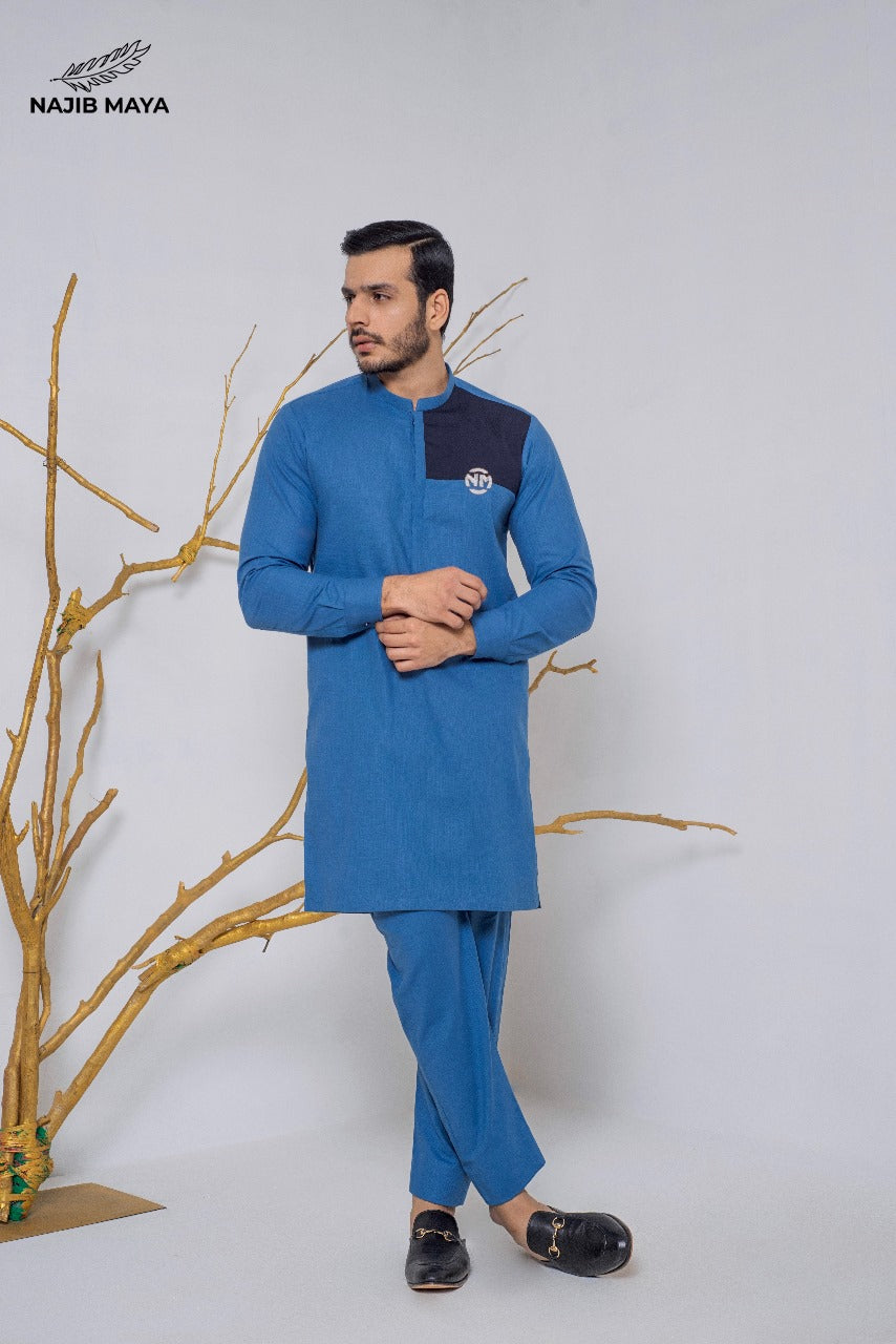 Blue Embroidered Logo Kurta Pajama For Men's