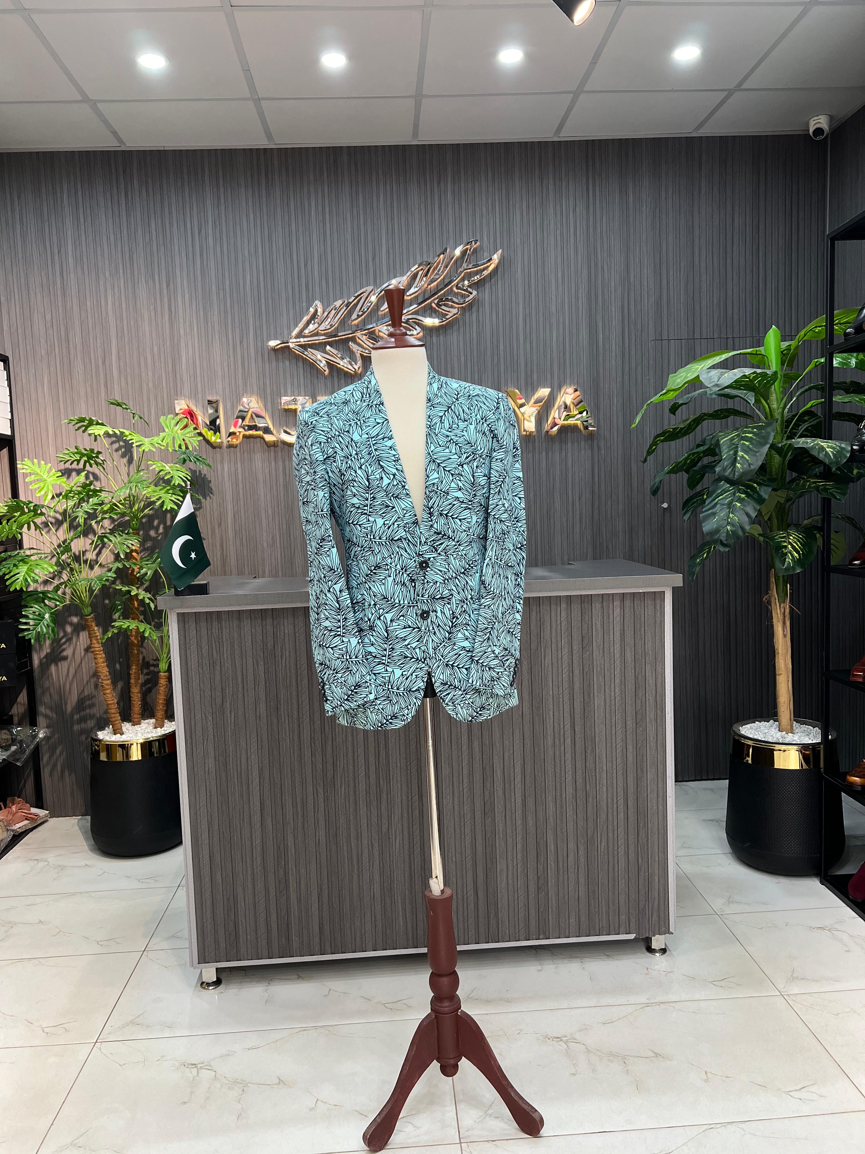 Royal Blue Printed Casual Coat For Men's Main image