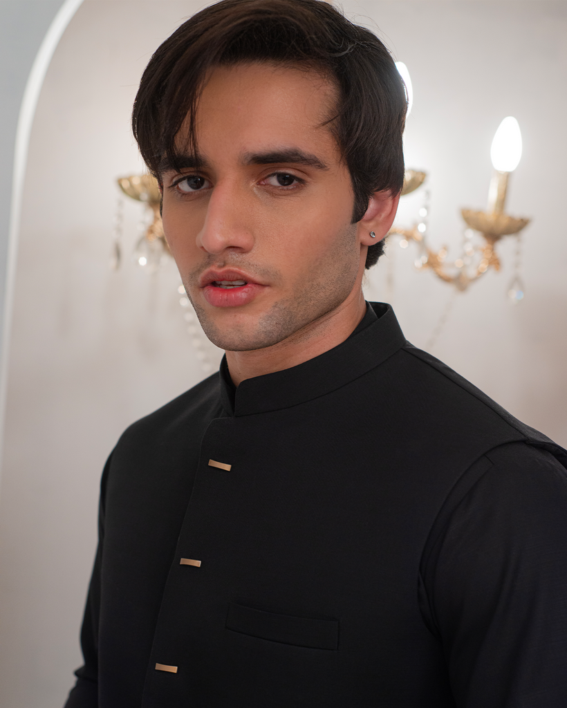 Black Kurta Bell Bottom Pajama + Waist Coat For Men's