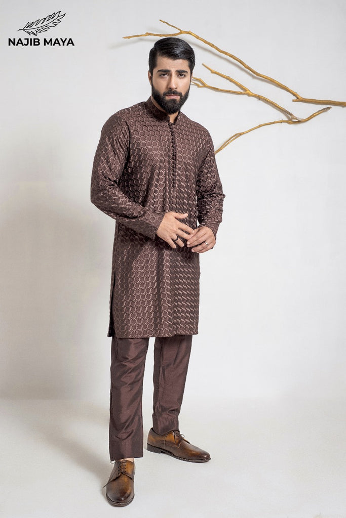 Brown Stylish Embroidery Kurta Pajama For Men's