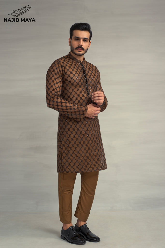 Brown Black Embroiderey Sequence Kurta Pajama For Men's