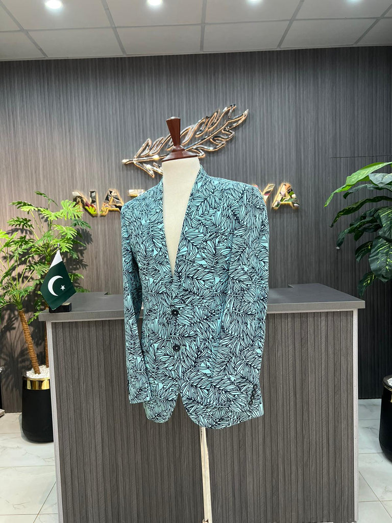 Royal Blue Printed Casual Coat For Men's