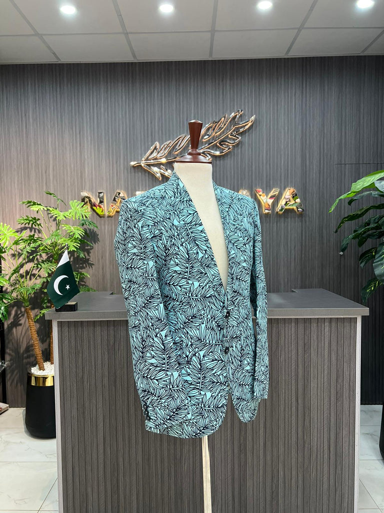 Royal Blue Printed Casual Coat For Men's