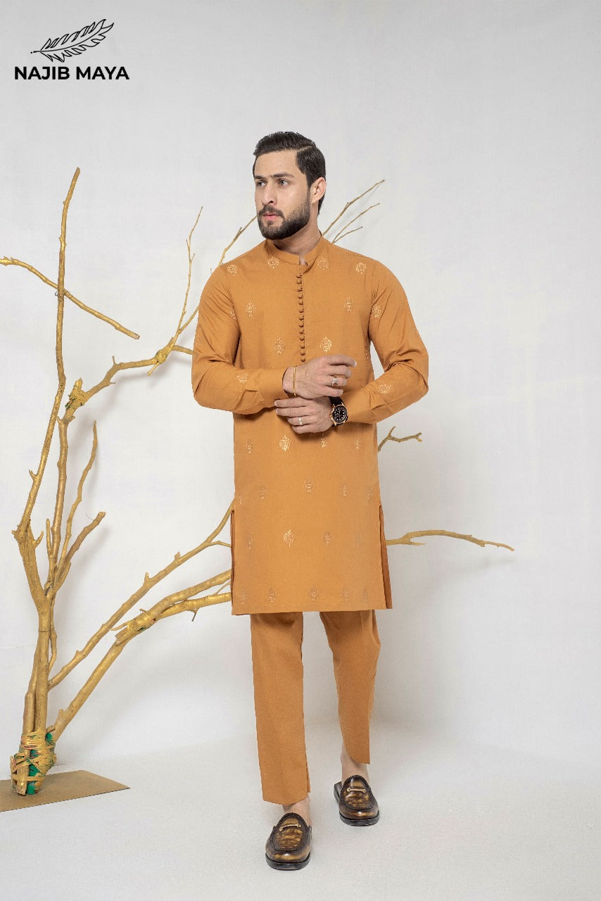 Rust Stylish Embroidered Kurta Pajama For Men's