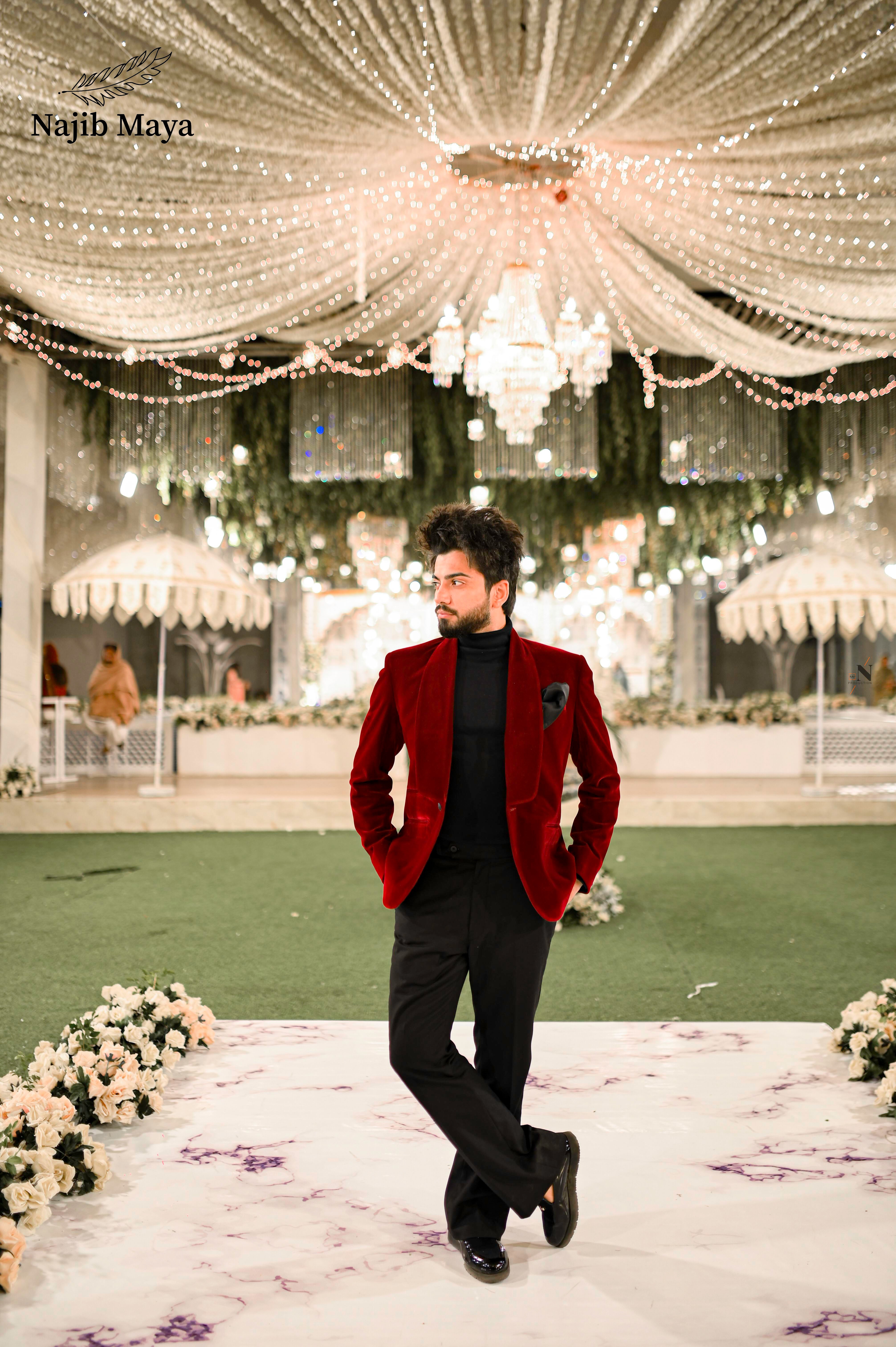 Maroon Velvet Coat + Black Bell Bottom Pent For Men's Main image