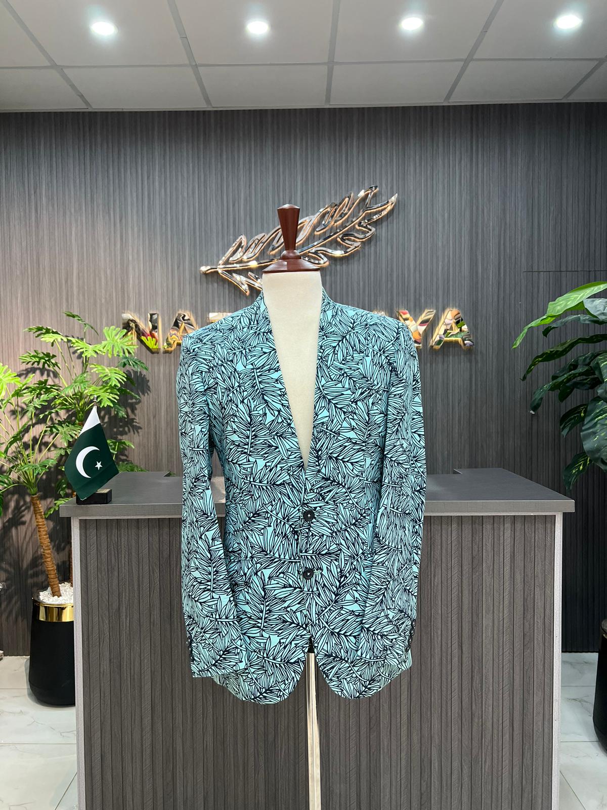 Royal Blue Printed Casual Coat For Men's Secondary image
