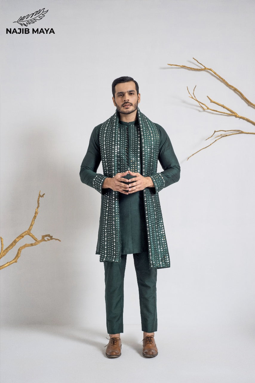 Green Stylish Kurta Pajama + Shawl For Men's Main image