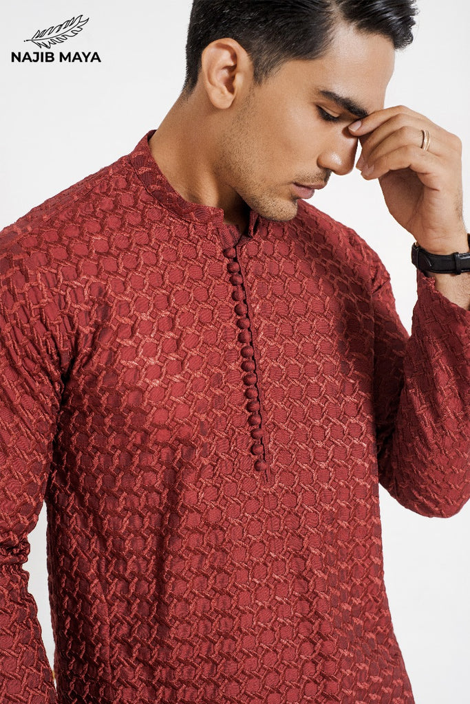 Maroon Stylish Embroidery Kurta Pajama For Men's