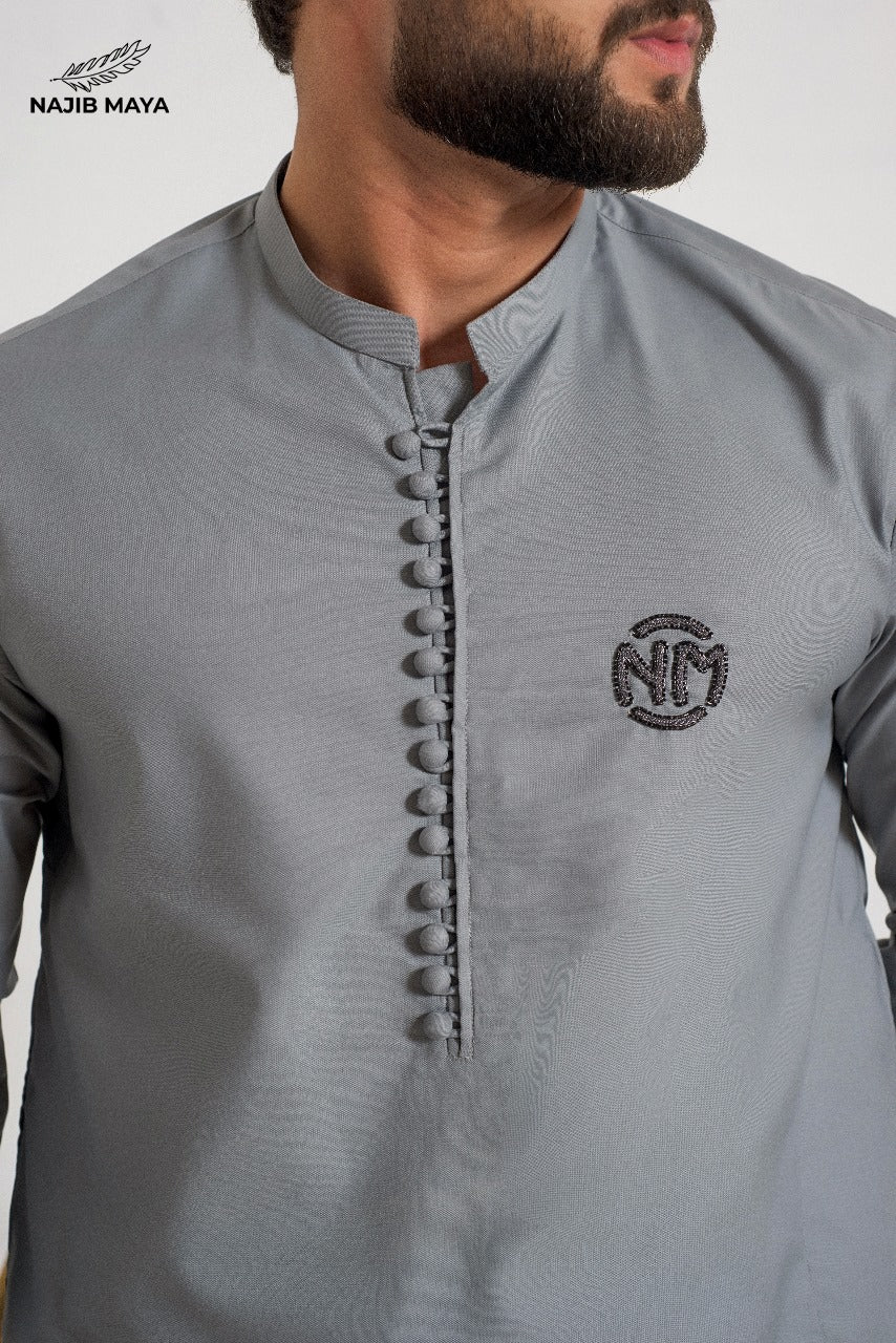 Grey Embroidered Logo Kurta Pajama For Men's Secondary image