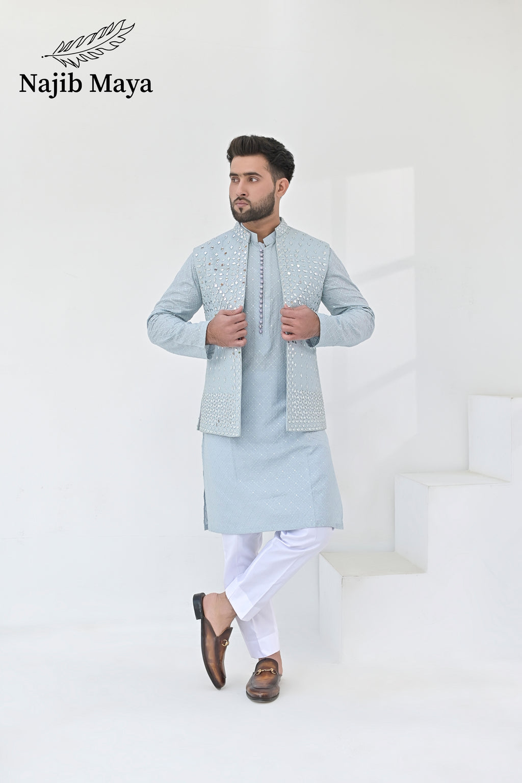 Powder Blue Embroidery + Mirror Work Waist Coat & Powder Blue Embroidery Kurta Pajama For Men's