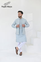 Powder Blue Embroidery + Mirror Work Waist Coat & Powder Blue Embroidery Kurta Pajama For Men's