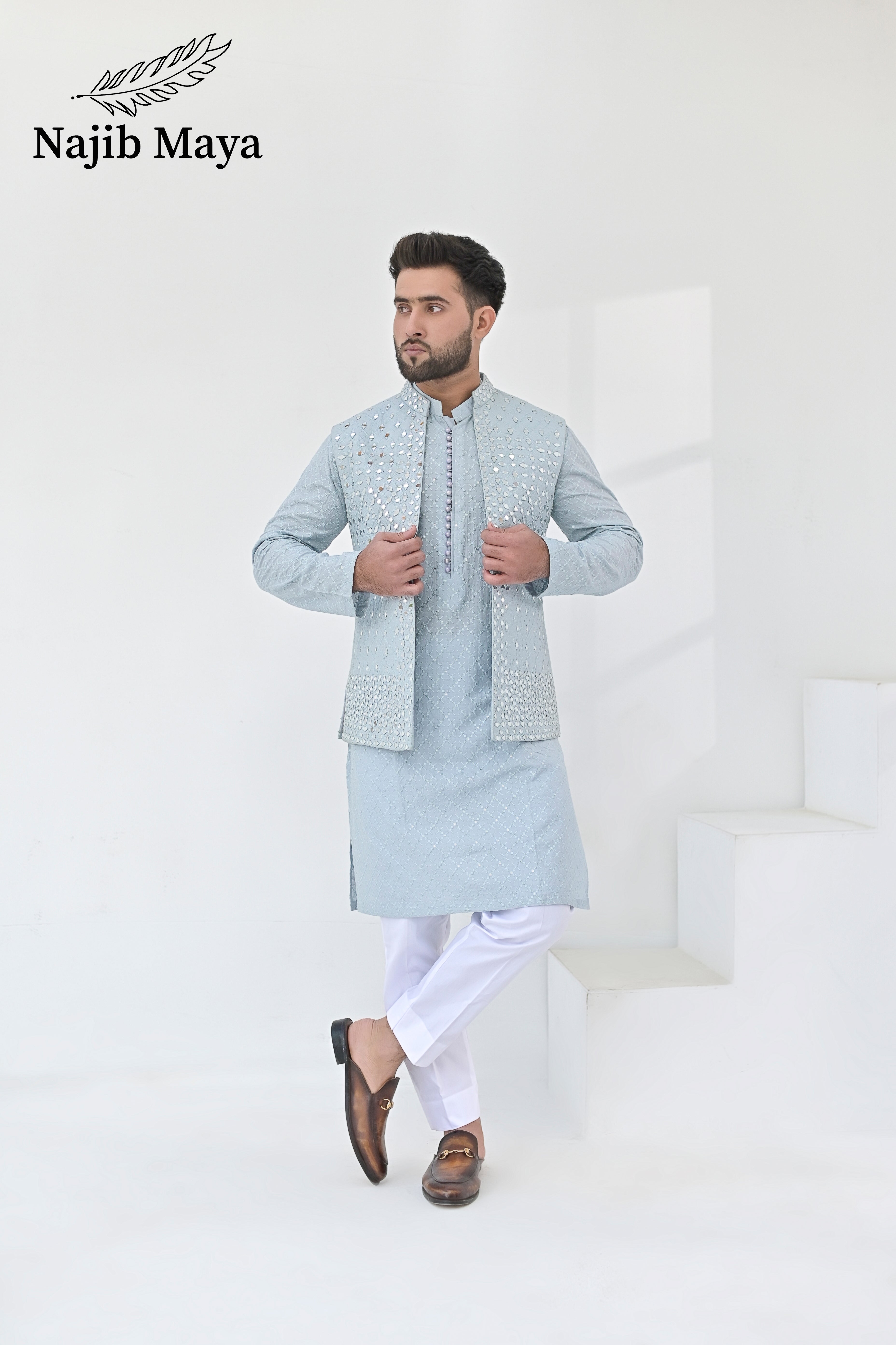 Powder Blue Embroidery + Mirror Work Waist Coat & Powder Blue Embroidery Kurta Pajama For Men's