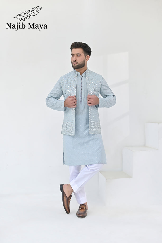 Powder Blue Embroidery + Mirror Work Waist Coat & Powder Blue Embroidery Kurta Pajama For Men's