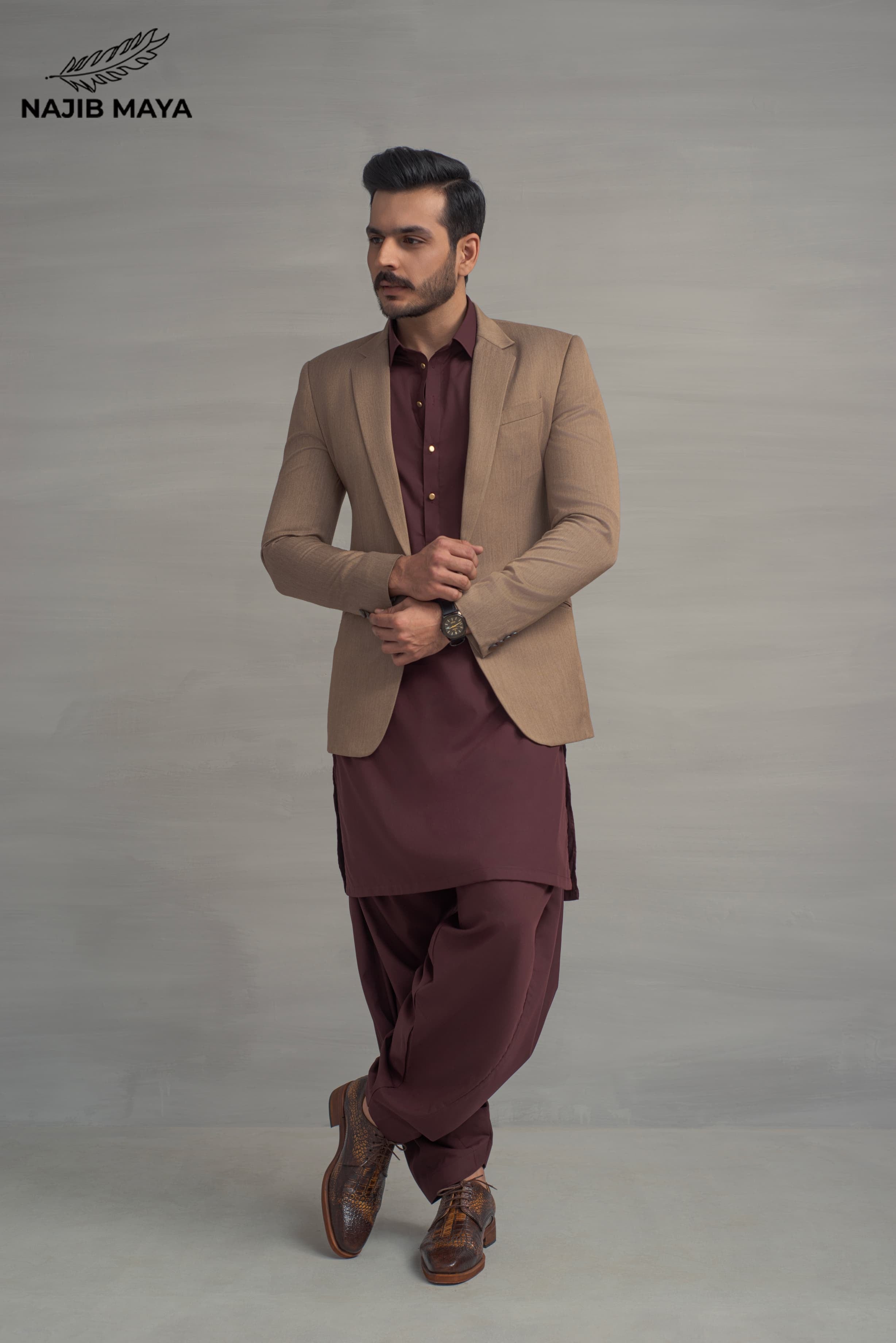 Brown Elegant Casual Coat + Maroon Shalwar Kameez For Men's Main image