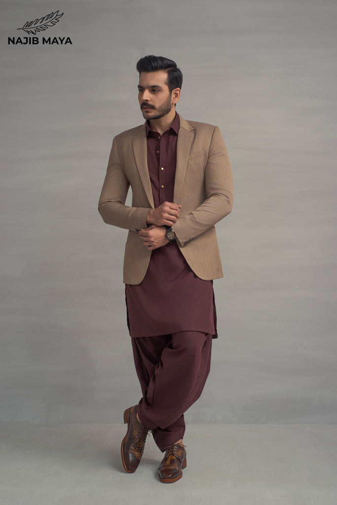 Brown Elegant Casual Coat + Maroon Shalwar Kameez For Men's