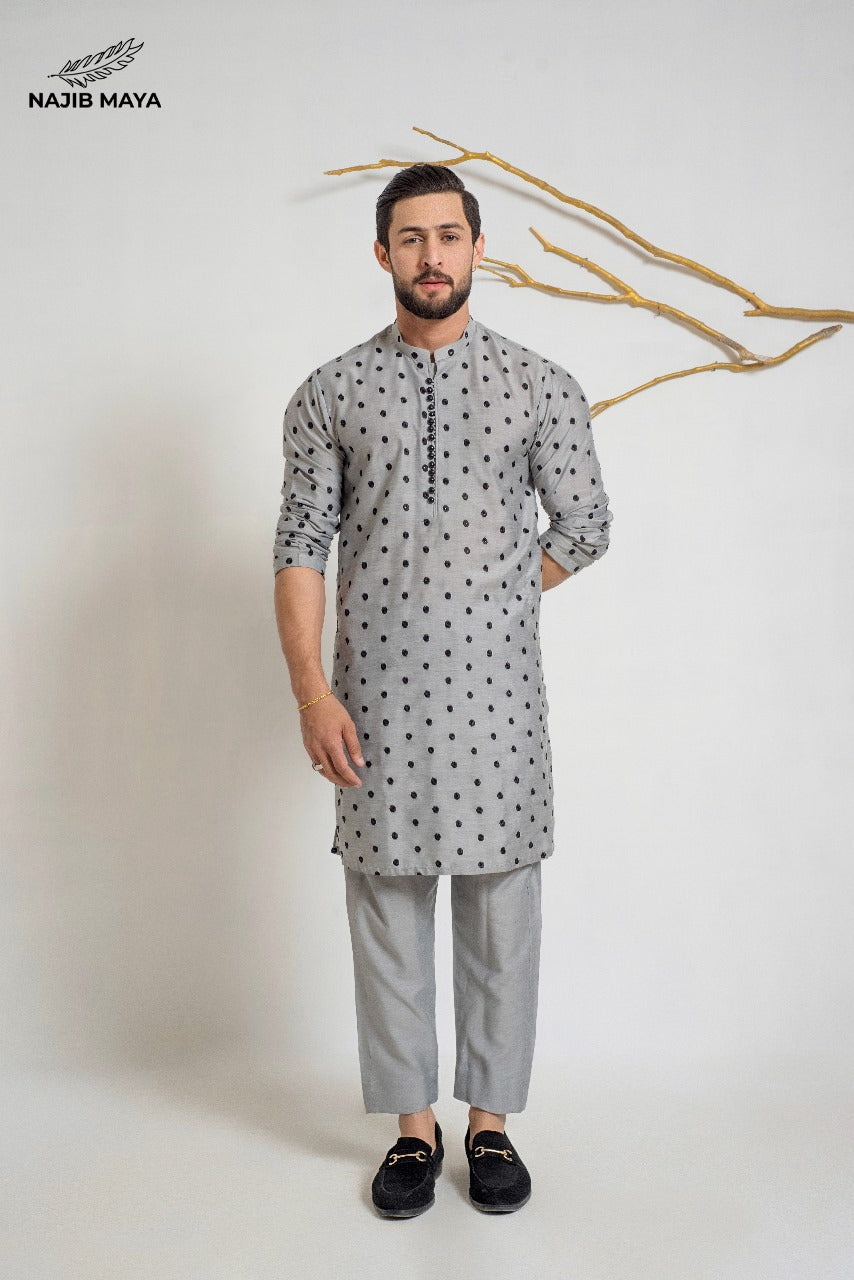 Grey Black Dots Embroidery  Kurta Pajama For Men's
