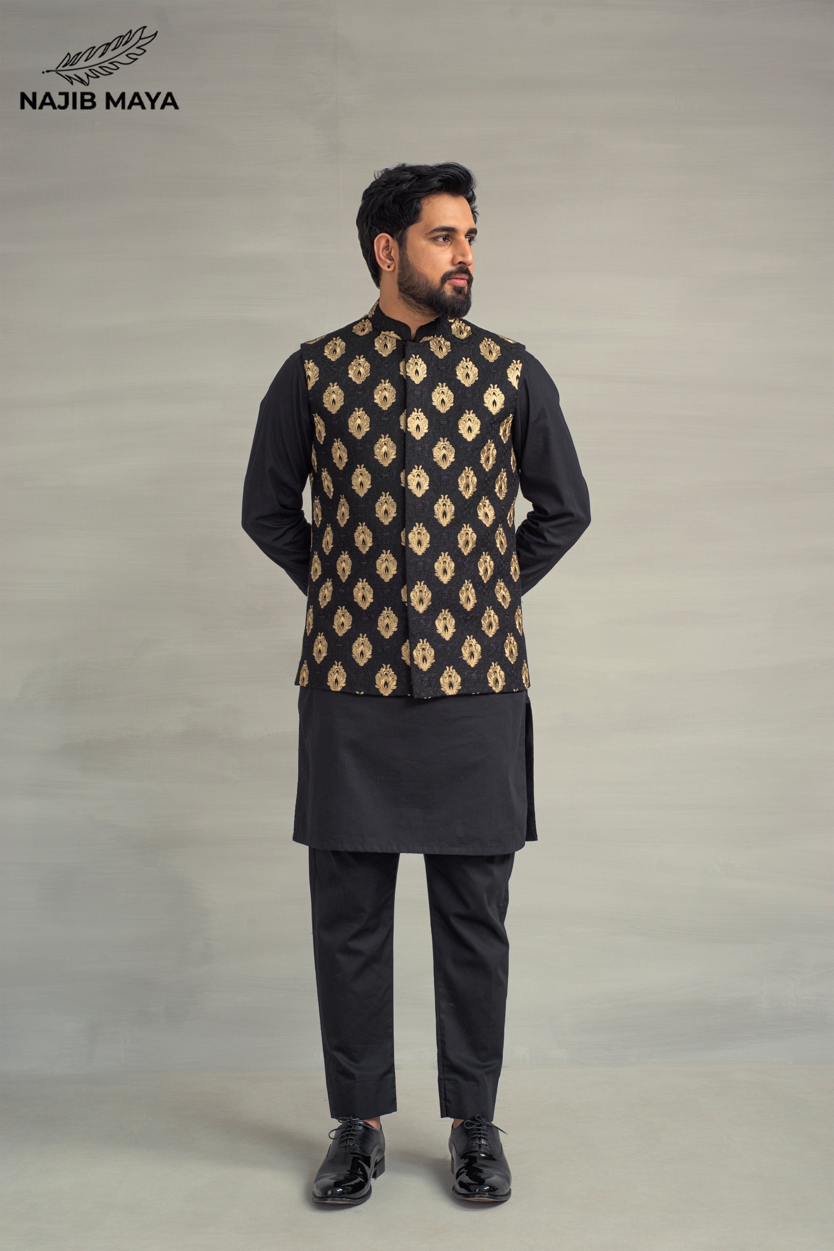 Black Golden Embroidery Waistcoat + Black Kurta Pajama For Men's Main image