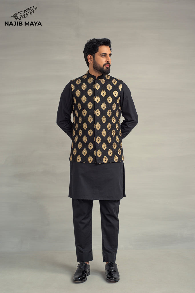 Black Golden Embroidery Waistcoat + Black Kurta Pajama For Men's