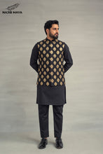 Load image into Gallery viewer, Black Golden Embroidery Waistcoat + Black Kurta Pajama For Men&#39;s