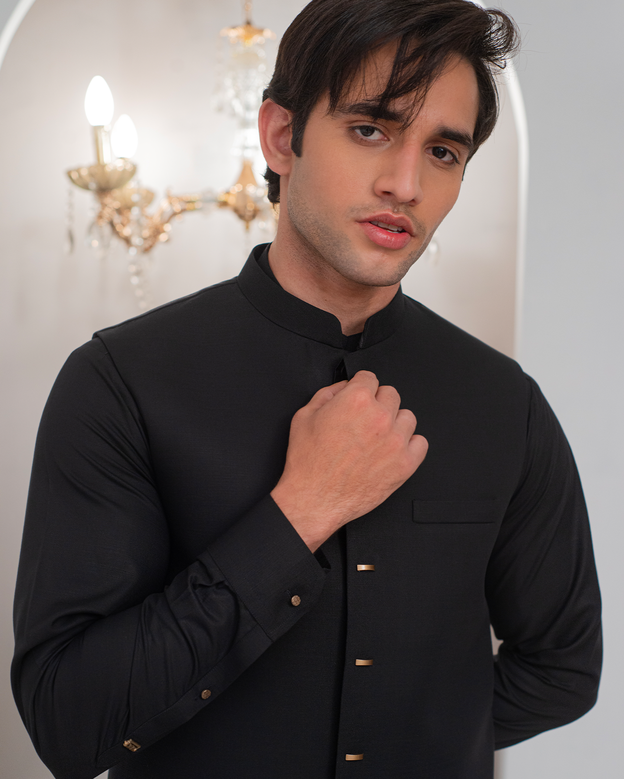 Black Kurta Bell Bottom Pajama + Waist Coat For Men's