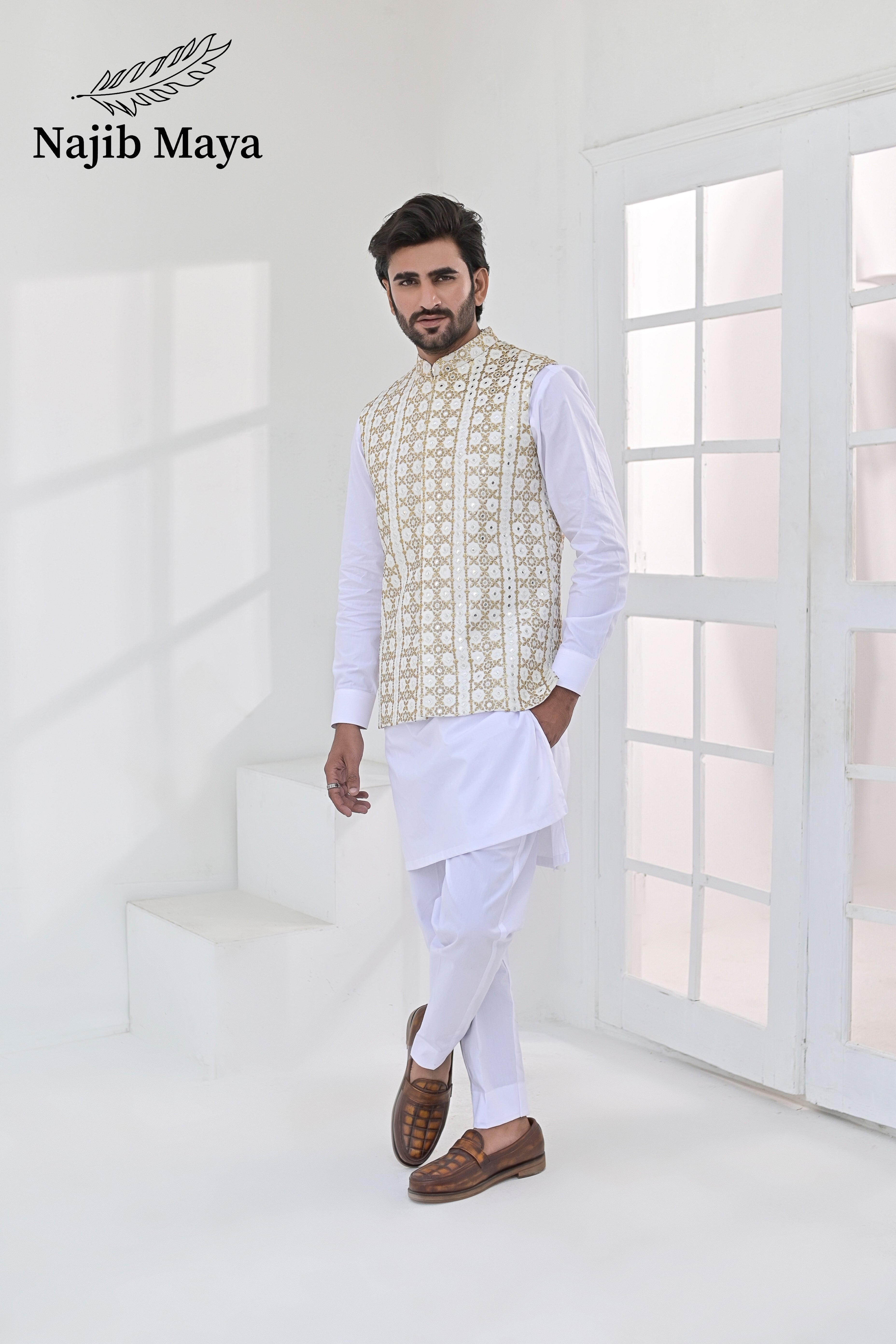 White Golden Embroidery Waist Coat & White Kurta Pajama For Men's Main image