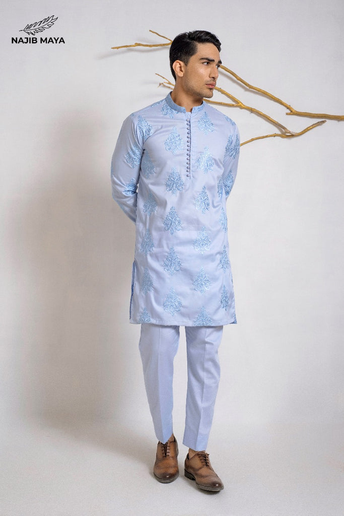 Ice Blue Fully Embroidery  Kurta Pajama For Men's