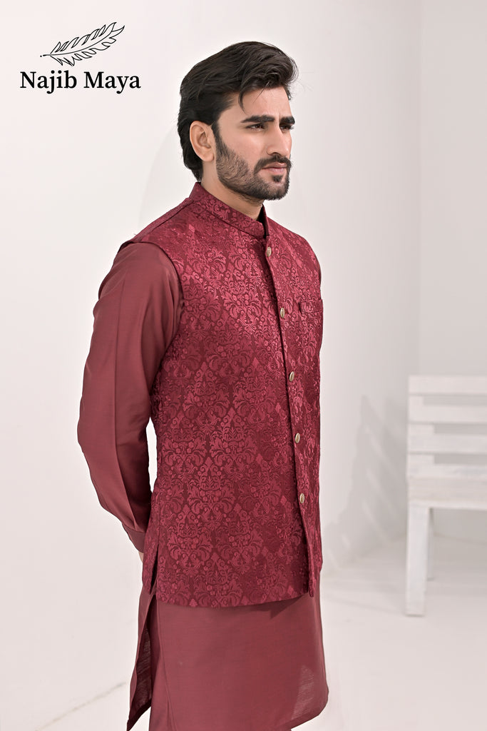 Maroon Embroidery Waist Coat & Maroon Kurta Pajama For Men's